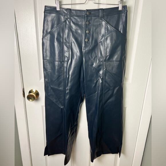 Cinq A Sept Benji Vegan Leather Cropped Seam Navy Flare Leg Pants 14 - Picture 2 of 12